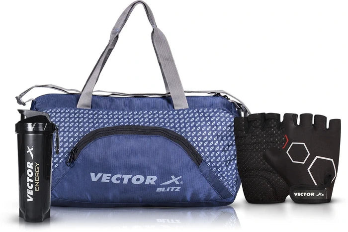 Vector X Blitz Gym Bag Combo for Men ll Gym Bag with Shoe Compartment and,  Black Bottle, Black Wristband, Black Gloves ll Gym Bag Fitness Kit Gym 