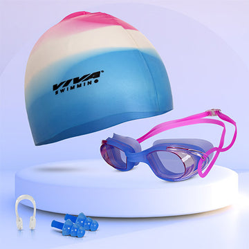 Viva Swimming Combo 616 Swimming Goggles & Swimming Cap, 2 Ear Plug With Nose Clip Swimming Kit Anti-Fog, UV Protection For Adults, Boys, Men