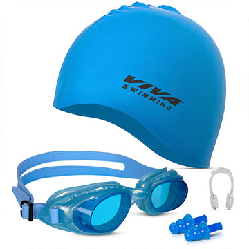 Viva Swimming Combo 614 Senior Kit- Swim Goggles, Caps and Ear plug Combo Set With Case Set- Silicone Non-Slip Material, Anti-Fog, UV Protection For Adults, Boys, Men