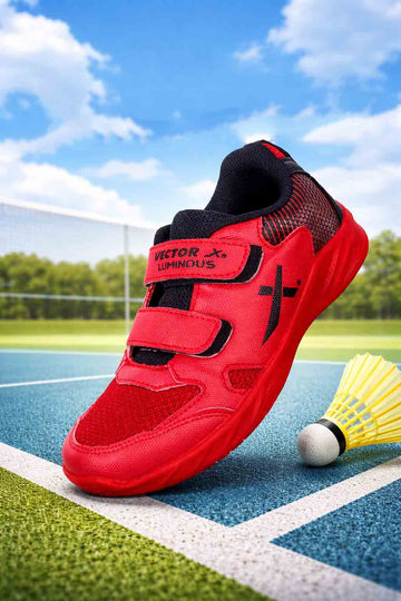 Vector X Luminous Kids Badminton Shoes for Boys & Girls | Lightweight Court Shoes with Velcro & Lace-Up Closure, Non-Slip Rubber Sole