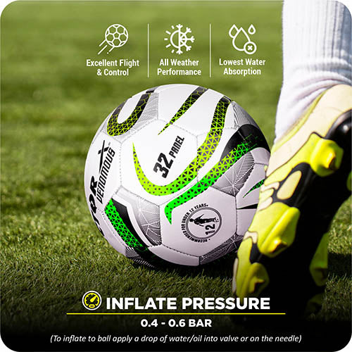 Vector X Venomous PVC Machine Stitched Indoor/Outdoor Water-Resistant Football + Pump with Butyl Bladder, White-Green, Size 5, Suitable for Match and Training for Adults 15+ Years