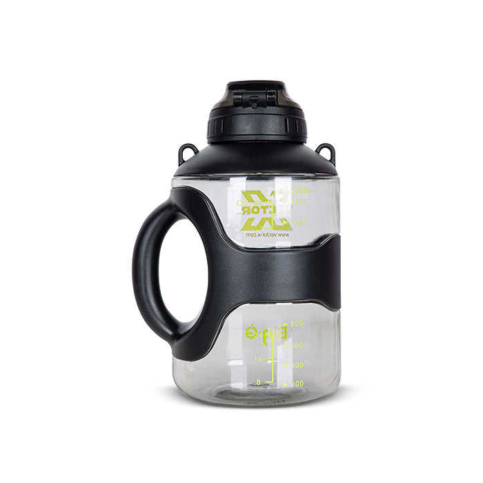 Vector X Big-G Gallon 2200 ml Plastic Water Bottle with Time Marker|Non Slip Side Handle|Strong and Adjustable Strap|Durable Top Carry Handle|Reusable Gym Sports Outdoor Large 2.2 LTR Water Jug BPA-Free, Unbreakable, Freezer Safe (Black)