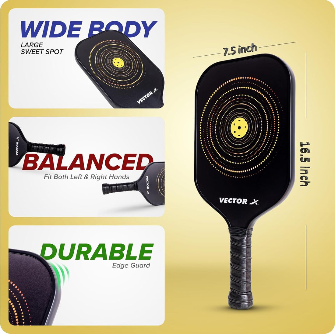 Vector X Graphite Pickle Bat 16 MM, Lightweight Carbon Fiber Material, Face Honeycomb Composite Core Paddle Low Edge Guard, Durable, Lightweight Pickleball Racket