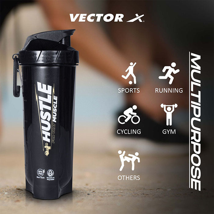 Vector X Plastic Gym Energy Shaker Bottle, Leakproof Guarantee Sipper Bottle Ideal for Protein, Preworkout and Bcaas, BPA-Free Material (Black),600 ml
