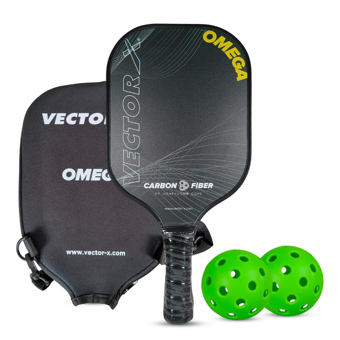 Vector X Omega Pickle Ball Bat Racket Set PP Honeycomb Core Paddle with Premium Grip Low Edge Guard, Durable, Lightweight (1 Racket+ 2 Pickle Ball+Carry Bag)