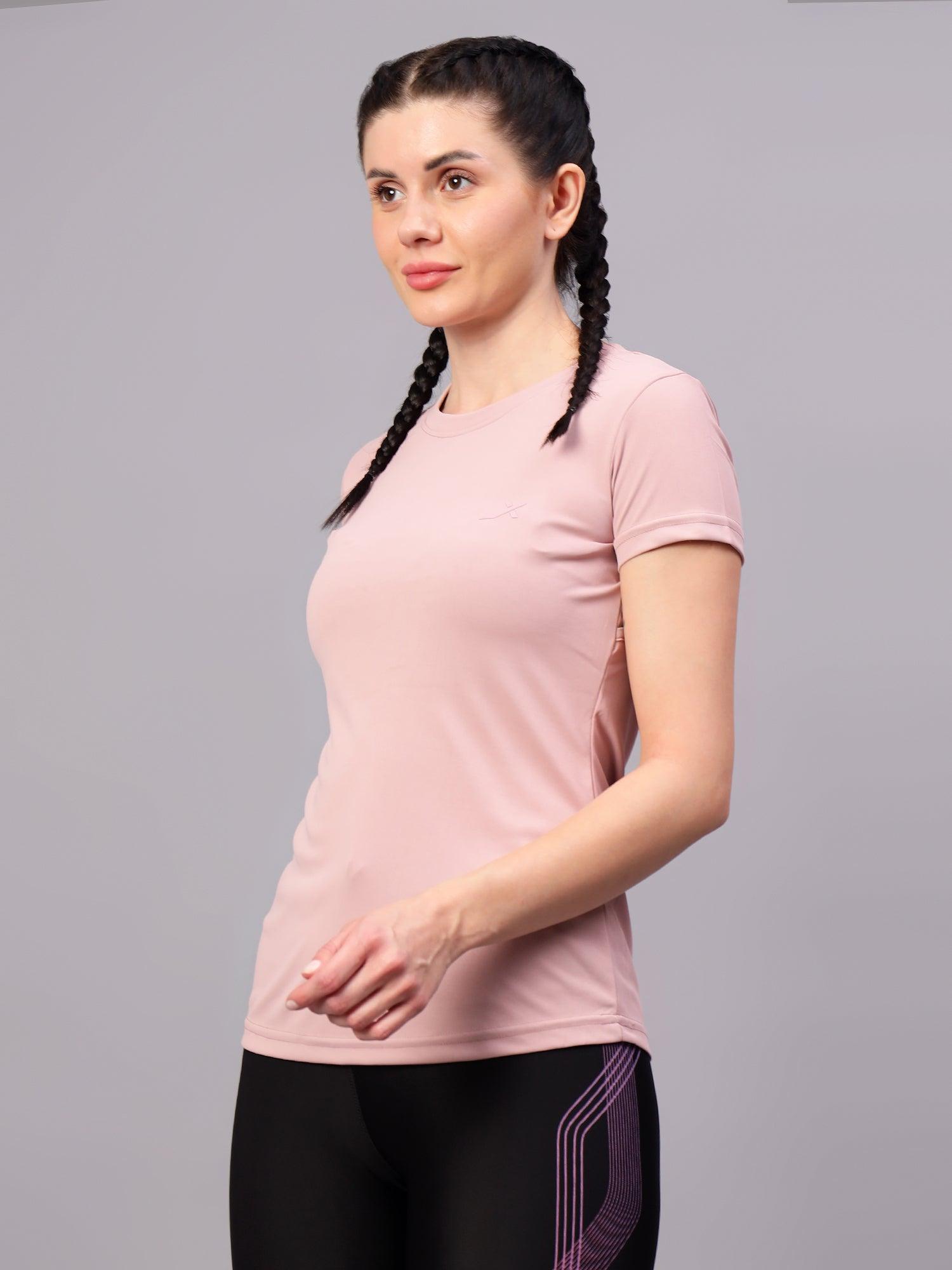 OGT-380 Women Solid Round Neck Polyester Fushia Red T-Shirt