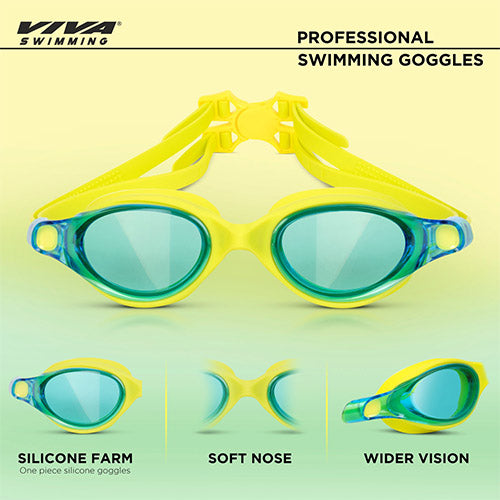 Viva Swimming Vision Silicone Swimming Goggles Mirrored Nose Bridge|Anti-Fog, UV Protection|Wide View & Comfortable One Piece|For professional Swimmer|Case Packing