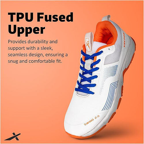 Vector X Swing 2.0 Cricket Shoes for Men & Boys Sports Shoes Lightweight Upper with TPU Fusing, EVA Midsole with Rubber Oustole Cricket Practice/Professional (Whie-Orange)