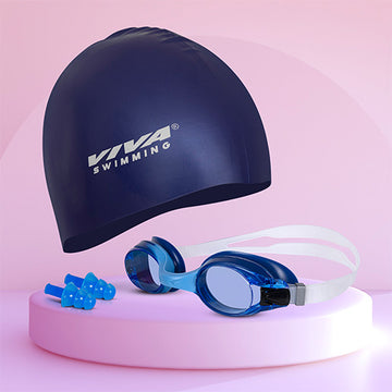 Viva Swimming Combo-704 Senior Kit- Swim Goggles, Caps and Ear plug Combo Set With Case Set- Silicone Non-Slip Material, Anti-Fog, UV Protection For Adults, Boys, Men