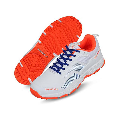 Vector X Swing 2.0 Cricket Shoes for Men & Boys Sports Shoes Lightweight Upper with TPU Fusing, EVA Midsole with Rubber Oustole Cricket Practice/Professional (Whie-Orange)