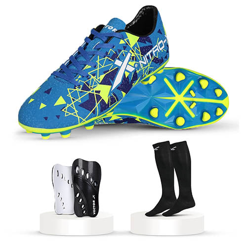 Vector X Mens Nitro-X Synthetic Leather Upper|TPU Sole Football Soccer Shoes/Studs with Socks & Shinguard Combo Walking|Lace-Up|Comfortable Sports Footwear Shoe for Adult, Men Boys