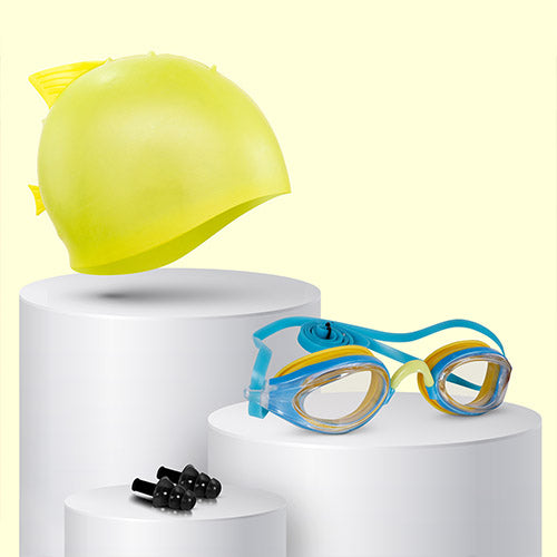 Viva Swimming Shark Fin Kids Swimming Cap & Goggles with 2 Ear Plug Kids OKEO Swimming Combo Kit