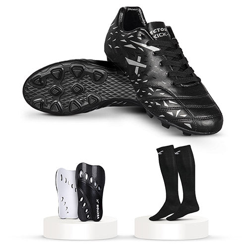 Vector X Kick-X Football Studs+ Socks & Shinguard for Men|Sports Athletic Footwear with TPU Sole, Synthetic Leather Upper Comfortable Soccer Shoes