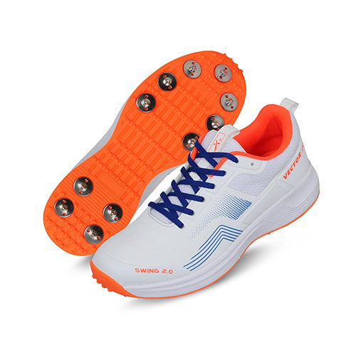 Vector X Swing 2.0 Cricket Shoes With Metal Spikes for Men & Boys Sports Shoes Lightweight Upper with TPU Fusing, EVA Midsole with Rubber Oustole Cricket Practice/Professional (Whie-Orange)