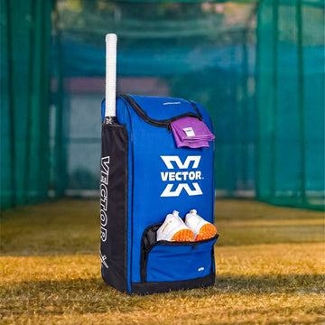 Vector X Greenfield 60 LTR. PU Polyester Cricket Backpack Senior Kit Bag Without Wheel|1 Pocket for Bat|Shoe & Accessories Pockets |1 Water Bottle Holders|Lightweight |Dual Opening (Blue - Black)
