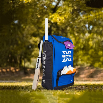 Vector X Greenfield Pro 60 Ltr. PU Polyester Cricket Backpack Senior Kit With Wheel Trolley Bag|1 Pocket for Bat|Shoe & Accessories Pockets|1 Water Bottle Holders|Lightweight|Dual Opening (Blue-Black)