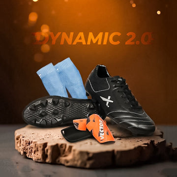 Vector X Dynamic 2.0 Football Shoes Combo with Shin Guard & Stockings | Lightweight Studs with TPU Sole for Turf & Artificial Ground