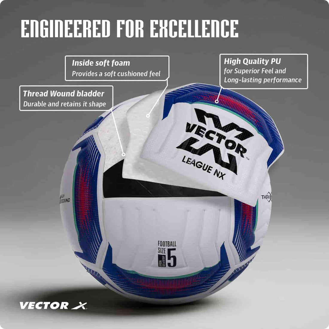 VECTOR X League NX Thermo Bonded PU Football Size 5 – Deep Embossed Water-Resistant Match & Training Soccer Ball